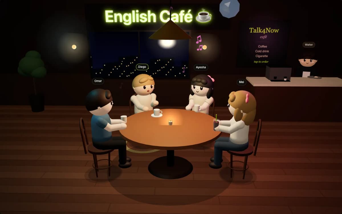 The Talk4Now 3D café in music mode: a disco ball, music notes and four friends at a table
